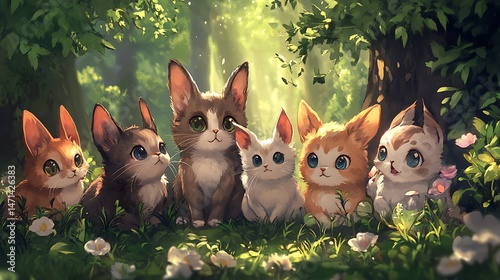 Seven Cute Baby Animals Together in a Sunny Forest Illustration With Lush Greenery and Vibrant Wild Flowers Digital Art