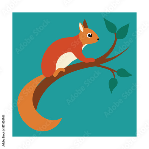 Adorable cartoon squirrel perched on a brown branch with green leaves against a teal background