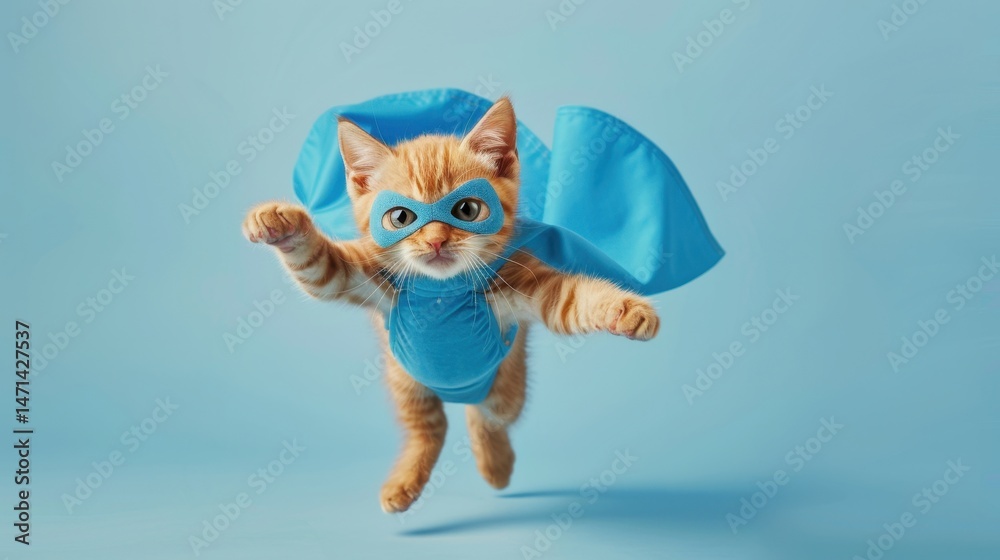 Fototapeta premium heroic brown tabby cat dressed as superhero wearing blue cloak and mask jumping and flying on light blue background, perfect for creative copy space use