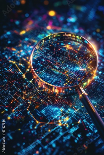 Magnifying Glass Reveals Intricate Network of Data Connections in a Digital Landscape Close Up Abstract