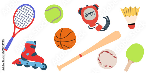 Sports equipment set. Color icon. Vector fitness illustration. Basketball, baseball ball and racket