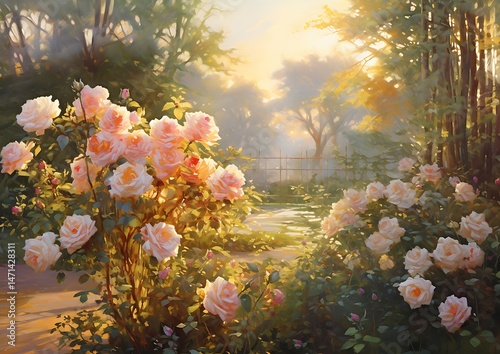 Enchanting Rose Garden A Symphony of Colors and Light in a Dreamy Afternoon with a Serene Atmosphere and a Calm Environment