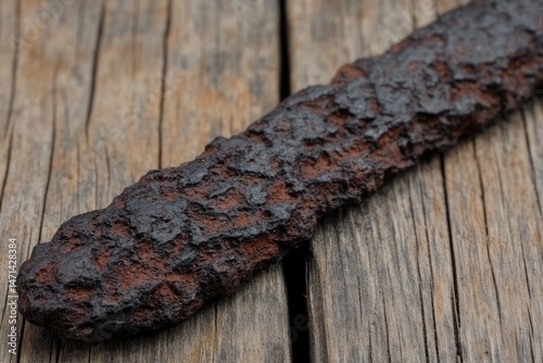 Rusty, oblong blade on weathered wood.  Rough, dark metal with reddish-brown rust.  Close-up