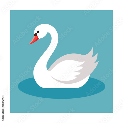 Elegant cartoon illustration of a white swan floating on turquoise water in a simple style