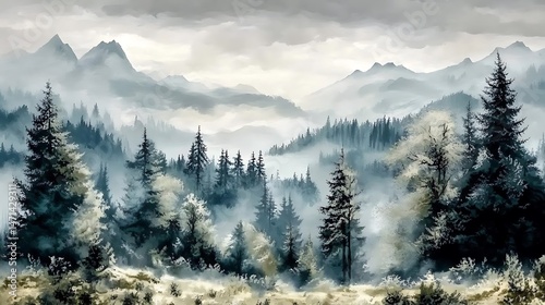 Mystic Forest Canvas Captures a Serene Escape Mountainscape Trees Drenched in Fog an Unparalleled Vista for the Soul Inspiring Contemplation