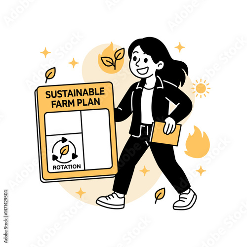 Vector illustration of a smiling woman managing a sustainable farm plan focused on crop rotation, promoting eco friendly agriculture and renewable resource strategies for economic growth.