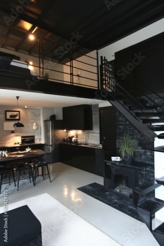 Modern black interior design of a loft apartment with kitchen, dining area, staircase and mezzanine bedroom, high angle view