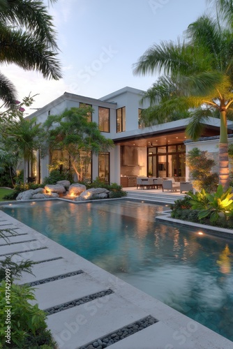 Modern luxury home exterior at dusk with swimming pool and outdoor kitchen in tropical setting low angle