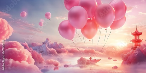 Dreamy Landscape With Pink Balloons Floating Above Clouds and Traditional Chinese Pagoda Silhouetted Against a Pastel Sky at Sunrise