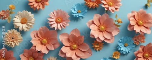 Vibrant paper flowers, light blue backdrop, central space,  hobby,  copy space