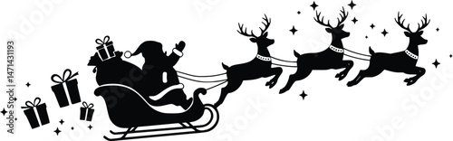 Silhouette of Santa Claus riding in a sleigh pulled by three reindeer, with gift boxes flying out, surrounded by festive stars and sparkles
