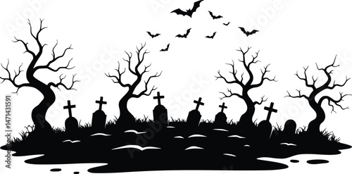 Silhouette of a graveyard scene with tombstones, crosses, barren trees, and flying bats, evoking a spooky atmosphere