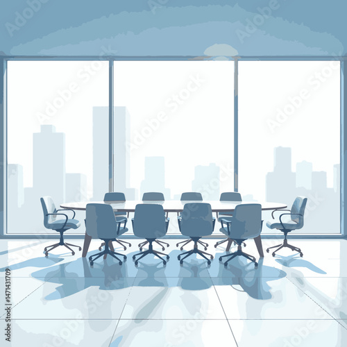 Bright glass conference room with empty chairs, modern workspace