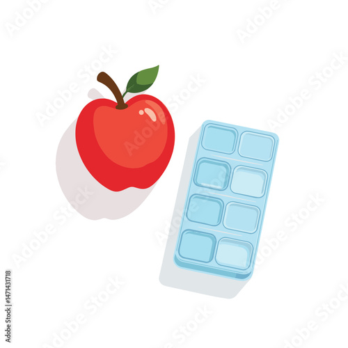 Vibrant red apple beside pill organizer on white background, health concept