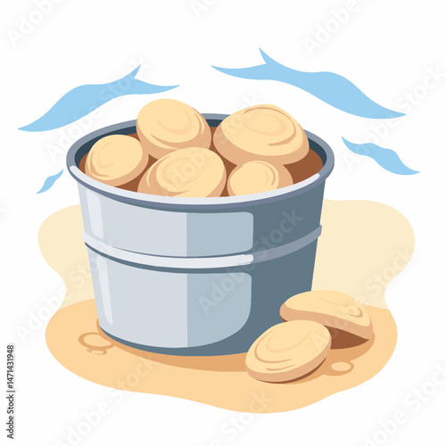 Bucket of clams on beach, summer freshness and coastal vibes