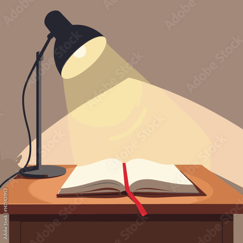 Cozy novel reading by warm lamp on bedside table, tranquil ambiance