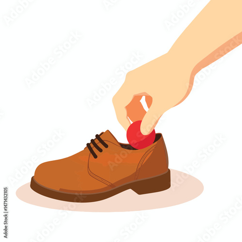 Child's hand placing red toy into brown shoe, playful innocence