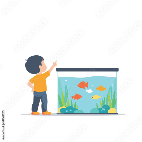 Child pointing at colorful fish in aquarium, curiosity and wonder