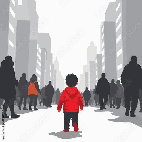 Child in red jacket walking through crowded street, feeling lost
