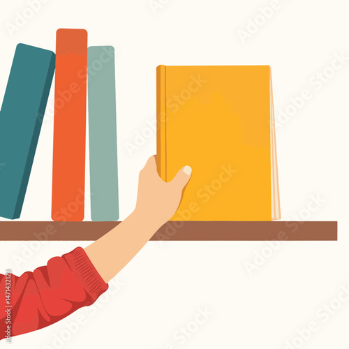 Child's hand placing colorful book on shelf, nurturing learning