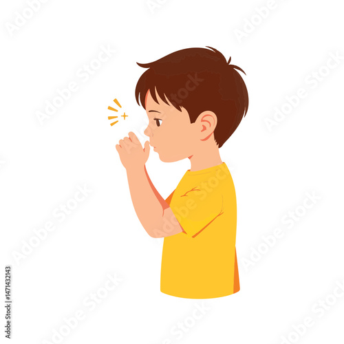 Child sneezing into elbow on white background, health awareness