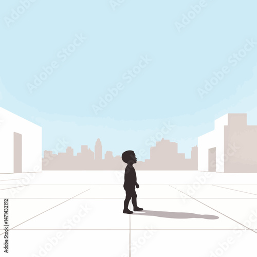 Child standing alone in vast plaza under blue sky, feeling solitude