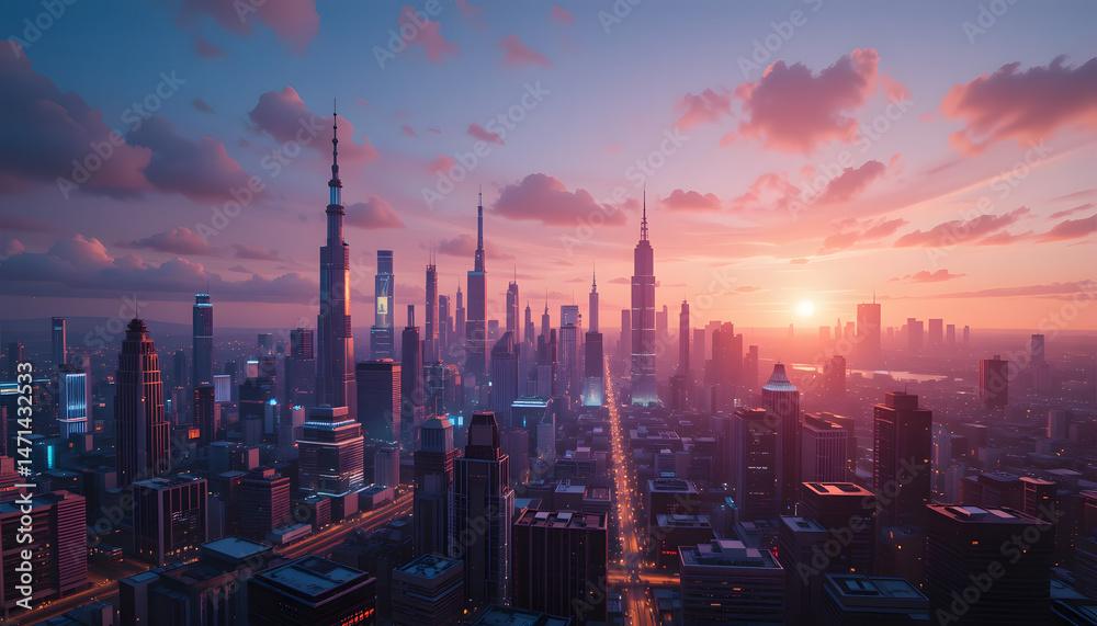 Fototapeta premium Abstract futuristic city skyline at sunset.