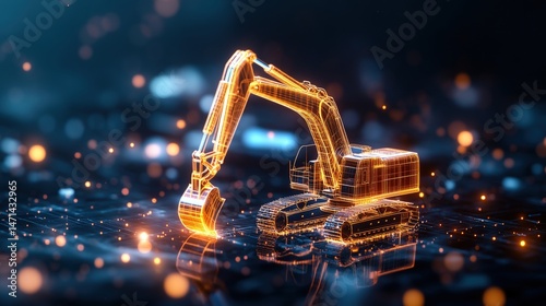 Golden glowing excavator illustrated with digital lines on dark surface shines with artificial ligence.
