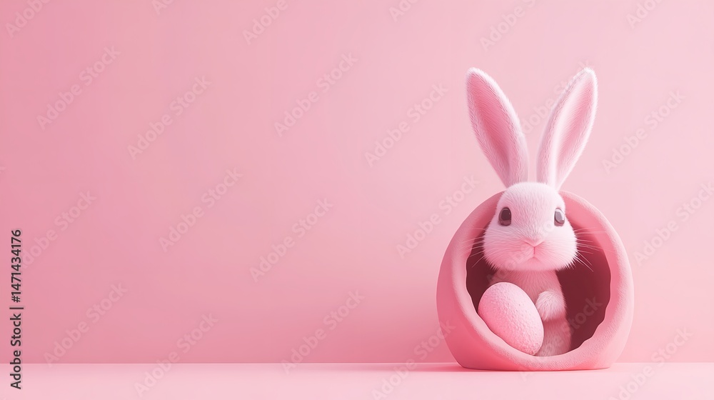 Fototapeta premium Pink Easter Bunny in Nest Spring Holiday Cute Rabbit Pastel Colors Adorable
