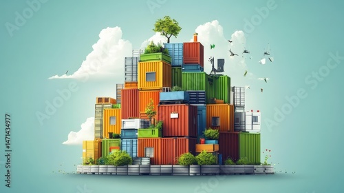 Colorful stacked shipping containers surrounded by greenery and blue sky