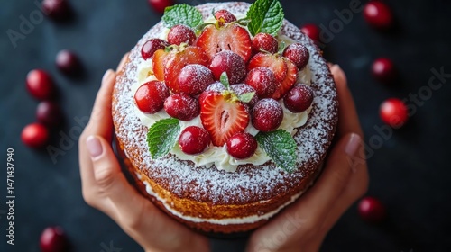 Freshly baked layered cake held aloft by hands.