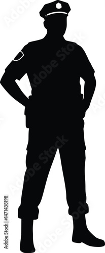 Silhouette of a confident police officer wearing uniform cap, badge, and duty belt, standing in professional pose

