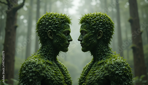 portrait of two men figure looking each other made with green 