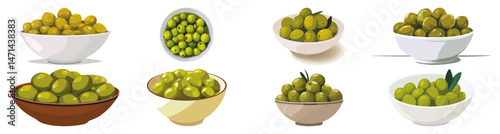 Set of  Bowl of green olives Flat Vector Illustration on Transparent Background