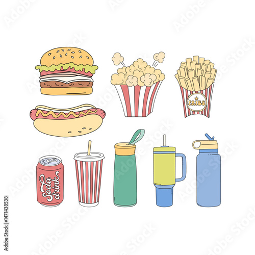 Retro Stadium Fast Food and Drinks for Fans Game Day vector clip-art set isolated on white. Boyish Sports Sporty Boy hand drawn illustrations.