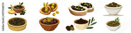 Set of  Olive tapenade Flat Vector Illustration on Transparent Background