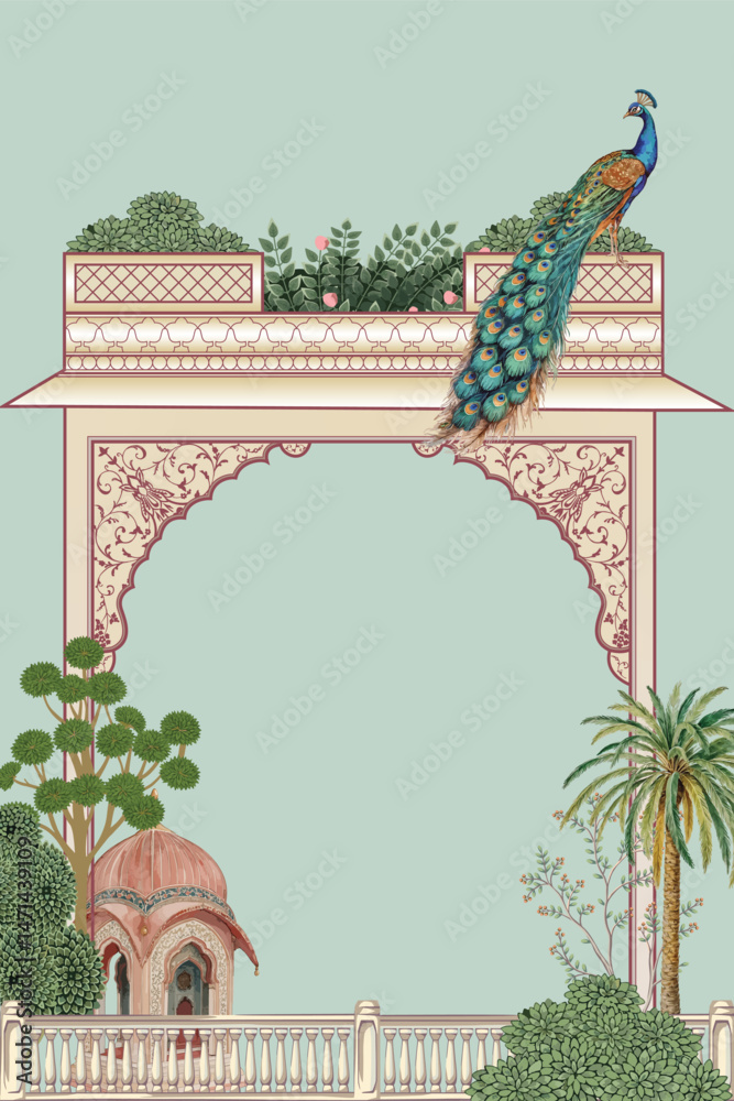 custom made wallpaper toronto digitalMughal garden with ethnic arch, plant, peacock and pattern motif illustration for invitation