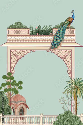 Mughal garden with ethnic arch, plant, peacock and pattern motif illustration for invitation