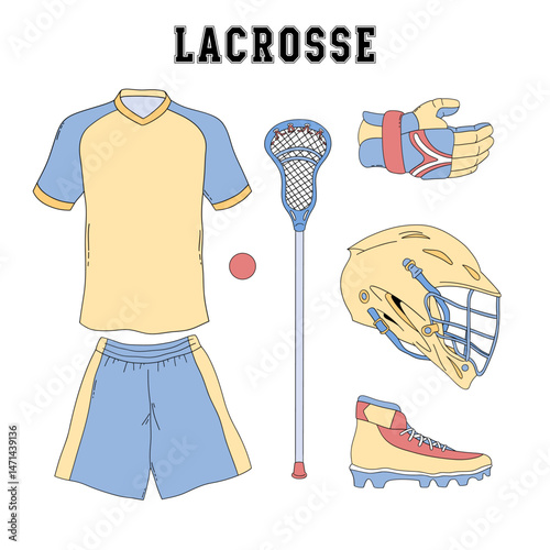 Retro Lacrosse team equipment Game Day vector clip-art set isolated on white. Boyish Sports Sporty Boy hand drawn illustrations.