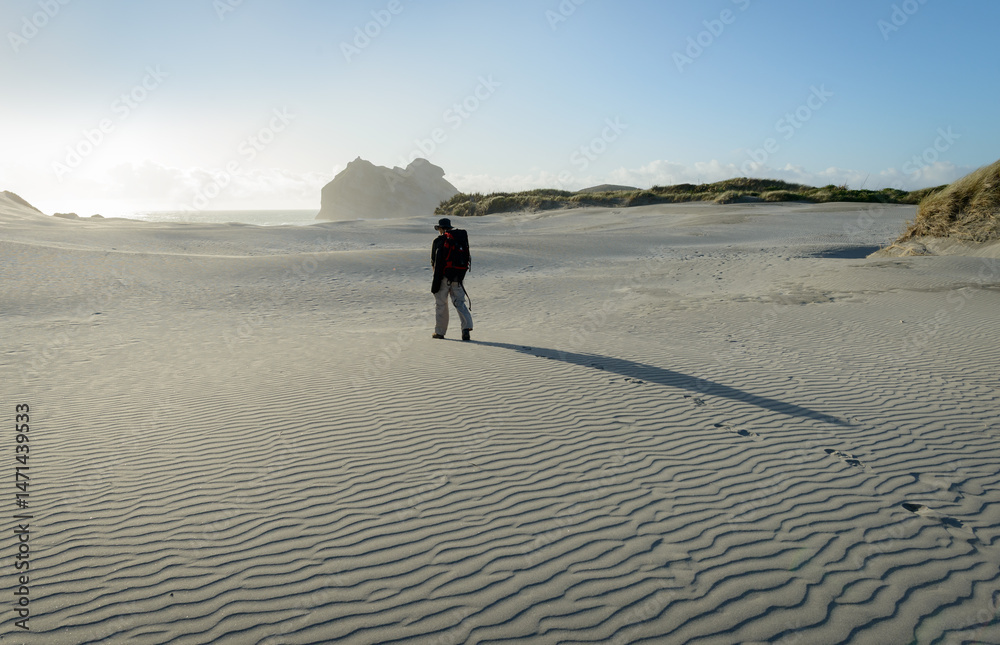 Man walking on the sand beach, casting long shadow on the beach. Wharariki Beach. Golden Bay. South Island.