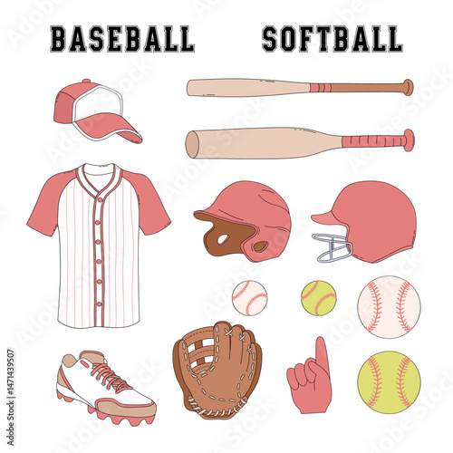 Retro Baseball Softball team equipment Game Day vector clip-art set isolated on white. Boyish Sports Sporty Boy hand drawn illustrations.