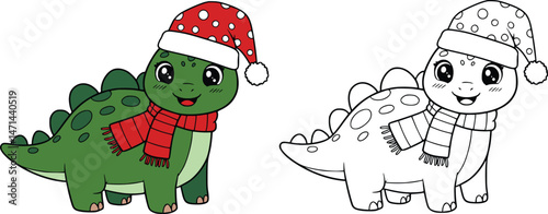 Adorable christmas dinosaur wearing santa hat and scarf, shown in color and outline for festive kids coloring pages

