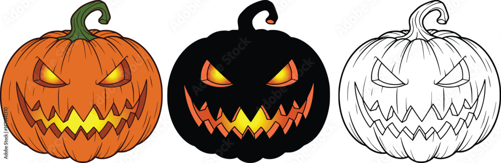 Set of three carved halloween pumpkins with jack-o'-lantern faces in full color, black silhouette, and line drawing style