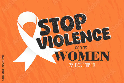 Stop violence against women text vector. Orange background, white awareness ribbon, international day for the elimination of violence against women illustration.
