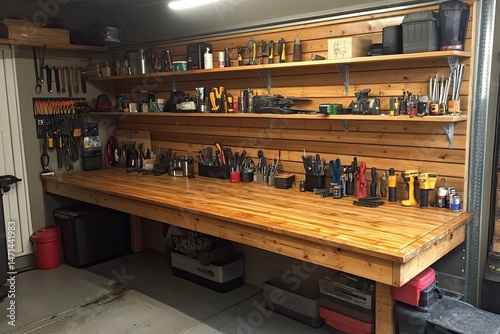 Workbench with tools and wooden shelving by olive wall. DIY garage setup.
