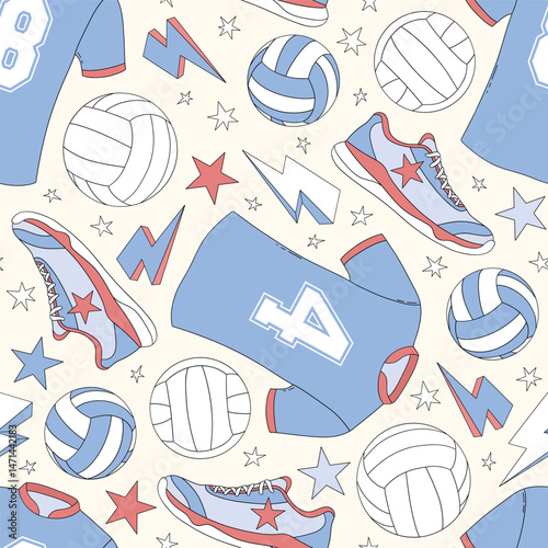 Retro Volleyball team equipment Game Day vector seamless pattern. Boyish Sports Sporty Boy background.