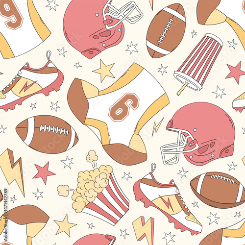 Retro American football team equipment Game Day vector seamless pattern. Boyish Sports Sporty Boy background.