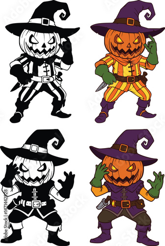 Set of spooky halloween characters featuring two pumpkin head scarecrows in unique costumes shown in color and silhouette