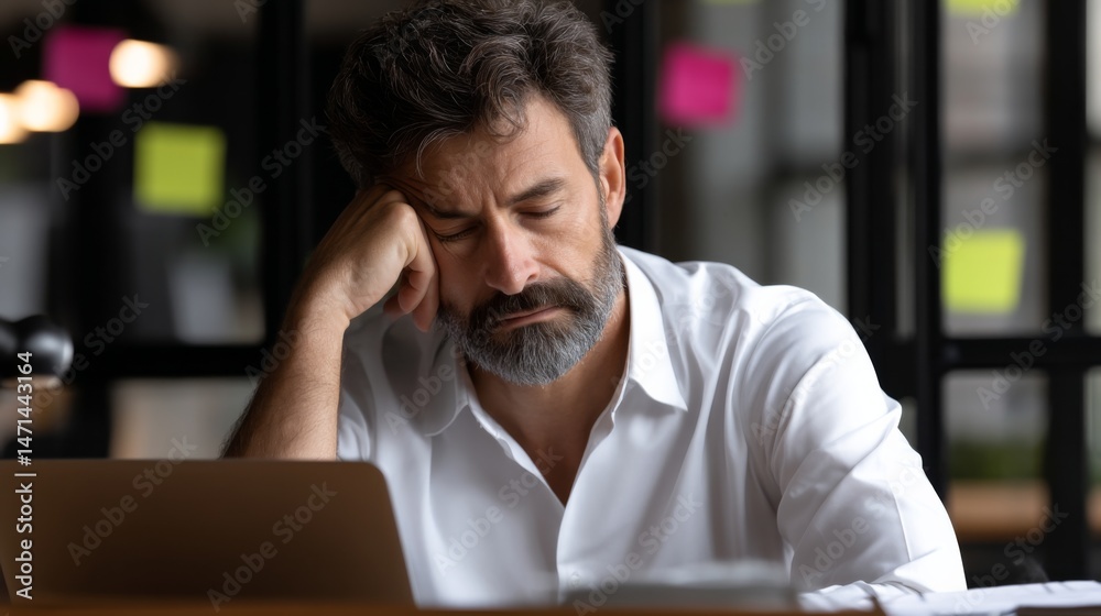 Obraz premium Thoughtful man with beard resting his head on hand at a desk