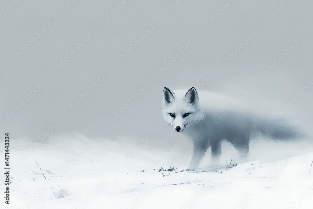 Fototapeta premium Arctic fox navigating through a snowy landscape, blending with the winter scenery, showcasing nature's beauty